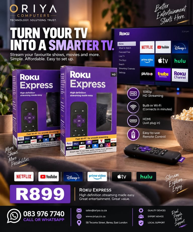 Roku Express streaming device advertisement showing purple product packaging, remote control, and compatible streaming apps like Netflix and Disney+ for R899