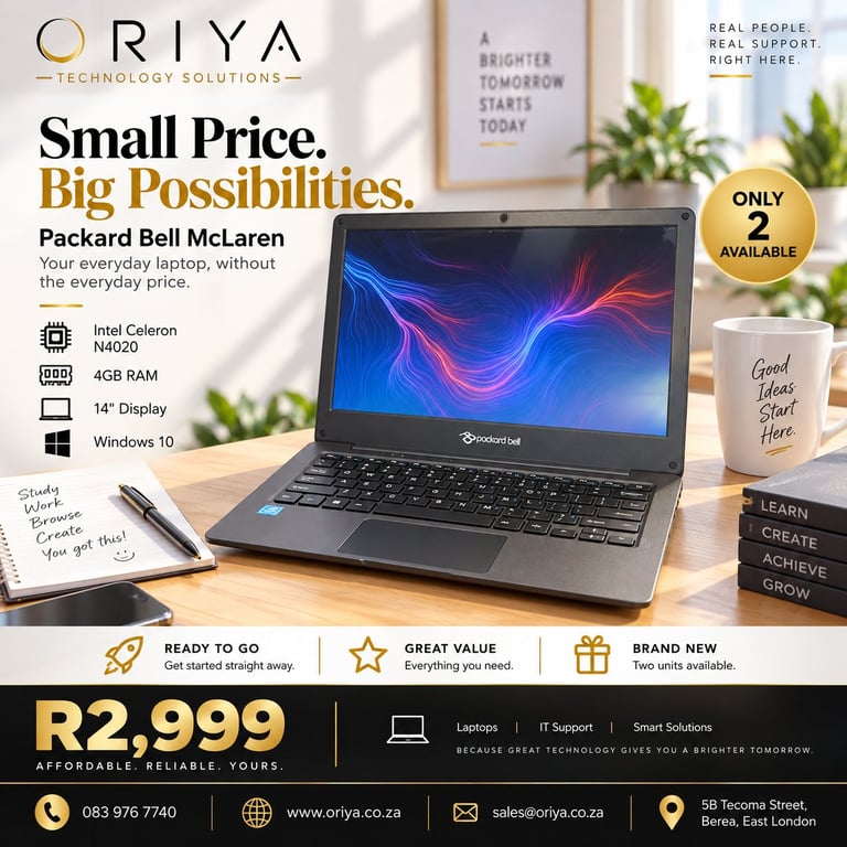 Oriya Technology Solutions laptop advertisement featuring Packard Bell McLaren model priced at R2,999 with Intel Celeron processor and 14-inch display.