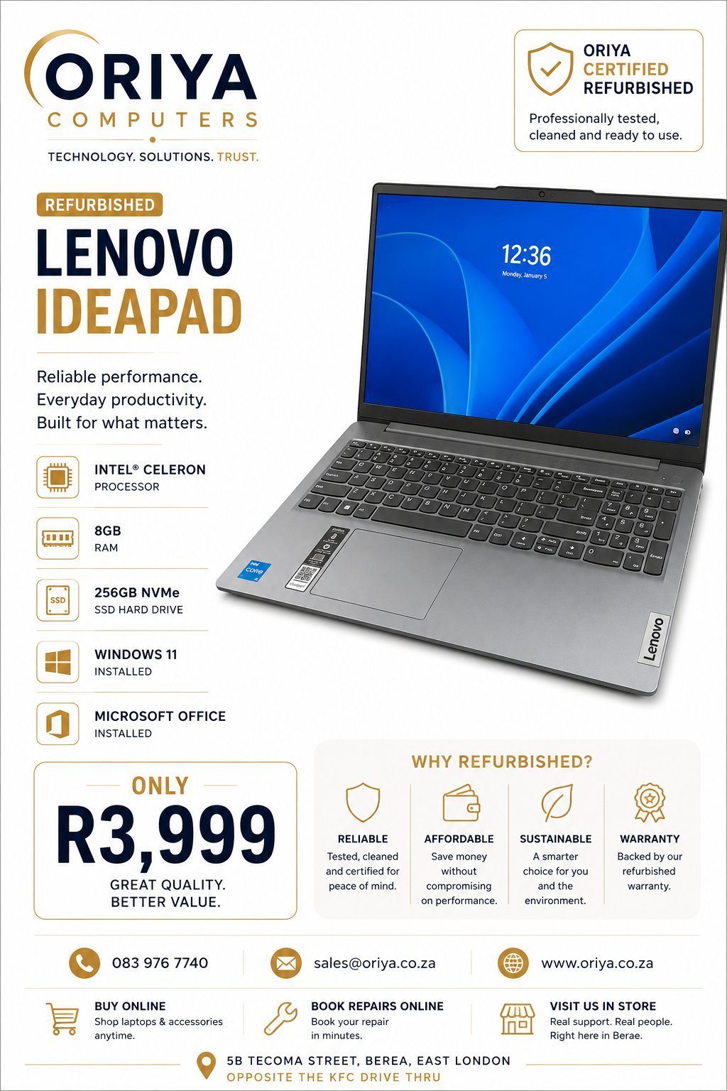 Refurbished Lenovo IdeaPad laptop by Oriya Computers, featuring Intel Celeron processor, 8GB RAM, 256GB SSD, priced at R3,999