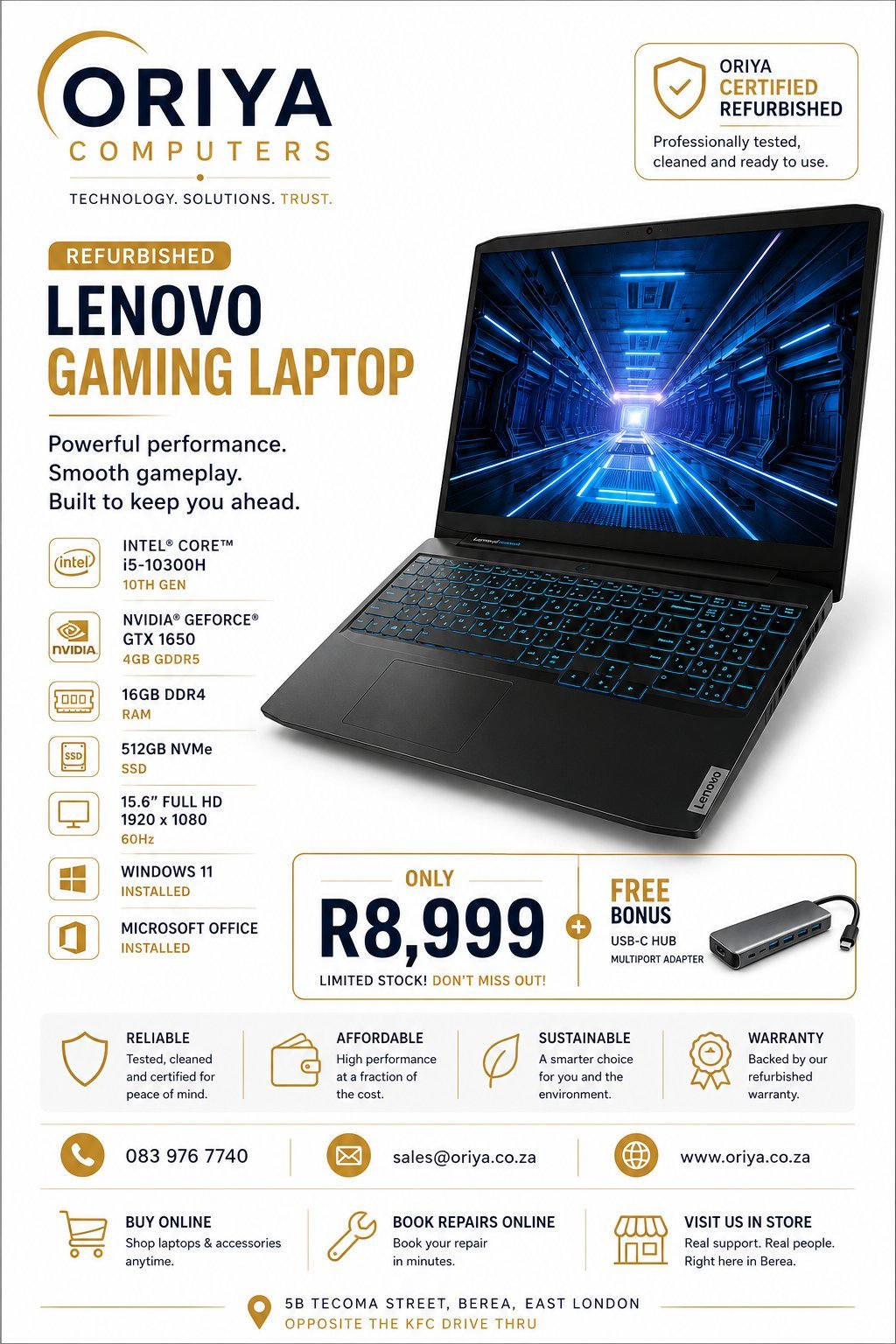 Oriya Computers refurbished Lenovo gaming laptop showing specifications, price R8,999