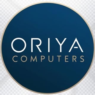 Oriya Computers logo - circular dark blue badge with white text and gold border