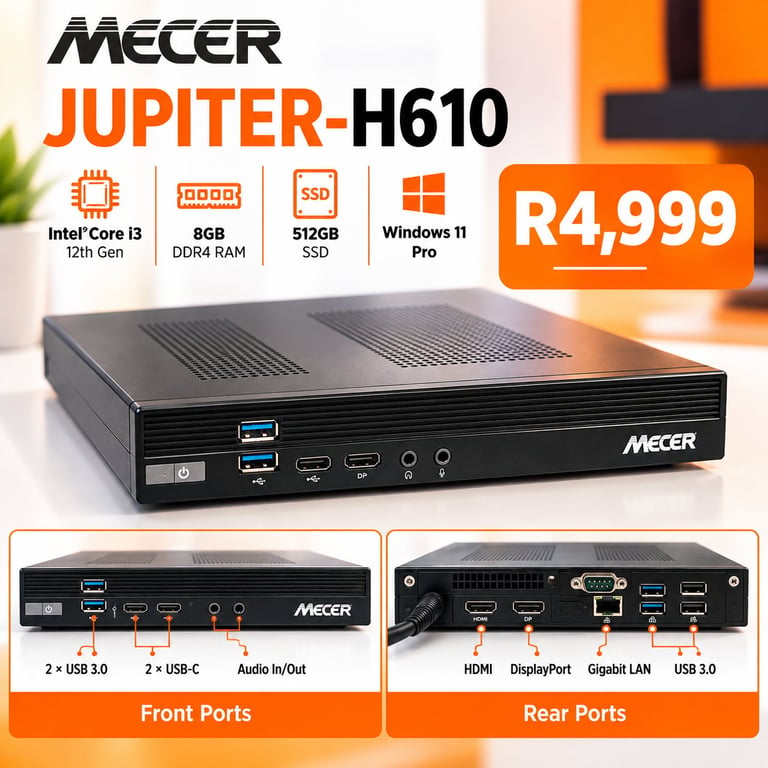 Mecer Jupiter-H610 mini PC with Intel Core i3, 8GB RAM, 512GB SSD, Windows 11 Pro, priced at R4,999, showing front and rear ports