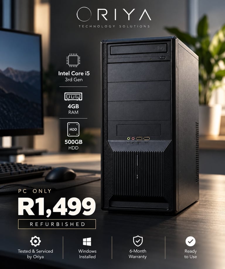 Oriya refurbished PC tower with Intel Core i5, 4GB RAM, 500GB HDD for R1,499, displayed with monitor and peripherals
