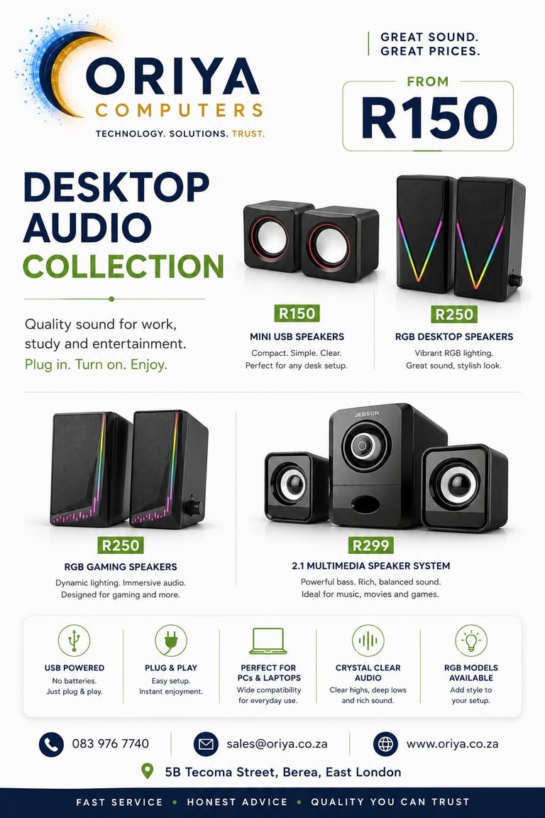 Oriya Computers desktop audio collection showing four speaker models ranging from R150 to R299 with USB powered and RGB lighting options