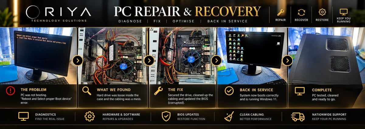 CRIYA PC Repair and Recovery service banner showing computer hardware, diagnostic tools, and service icons for diagnostics, upgrades, repairs, and support