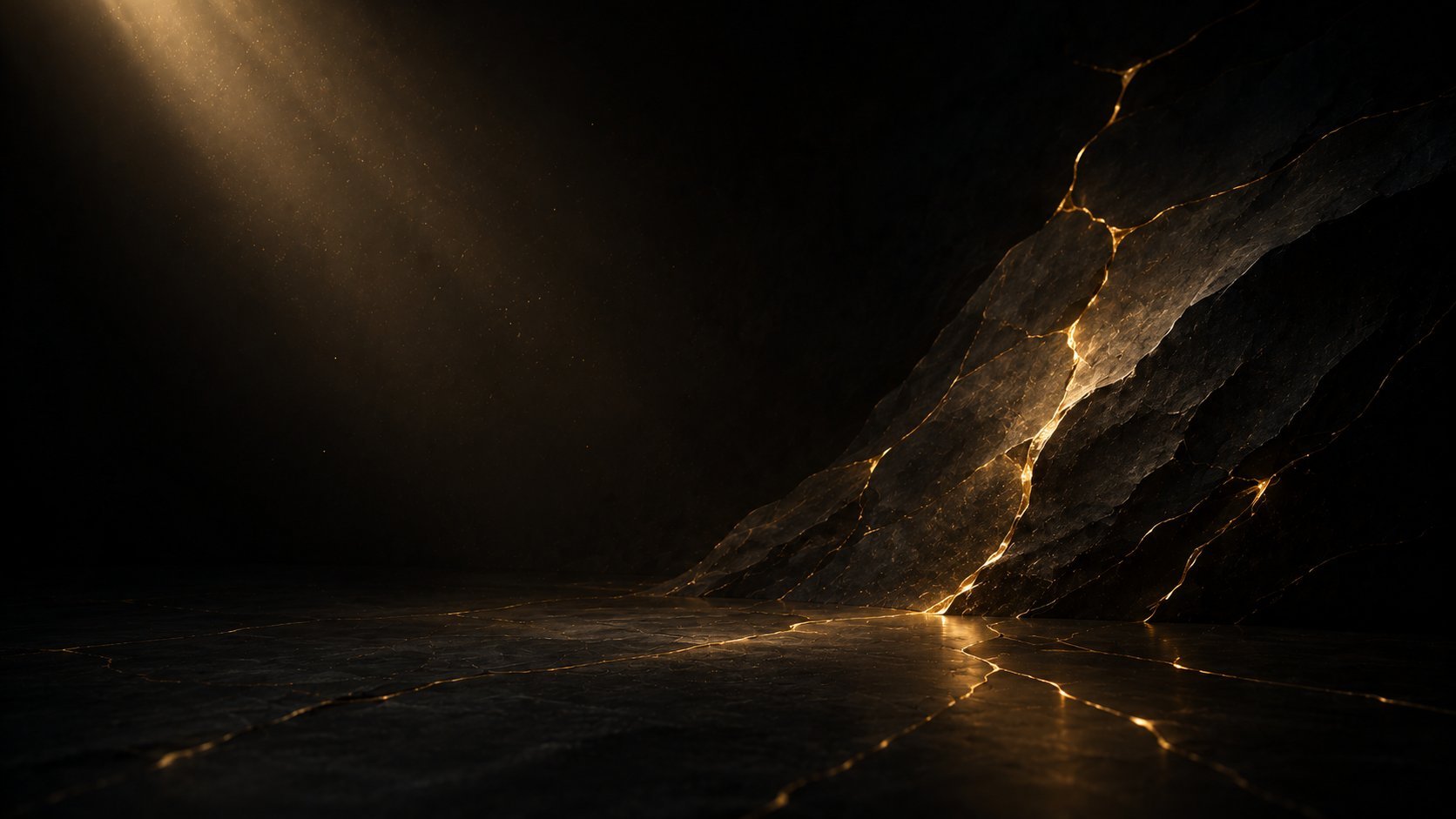 Golden light illuminates a dramatic rocky cave opening with a reflective water surface below against a dark background