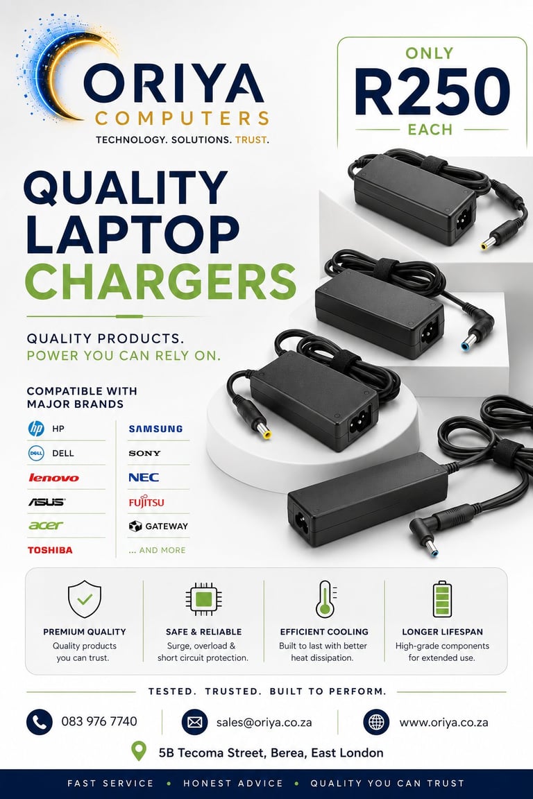 Oriya Computers quality laptop chargers advertisement showing three black chargers priced at R250 each, compatible with major brands like HP, Dell, and Lenovo.