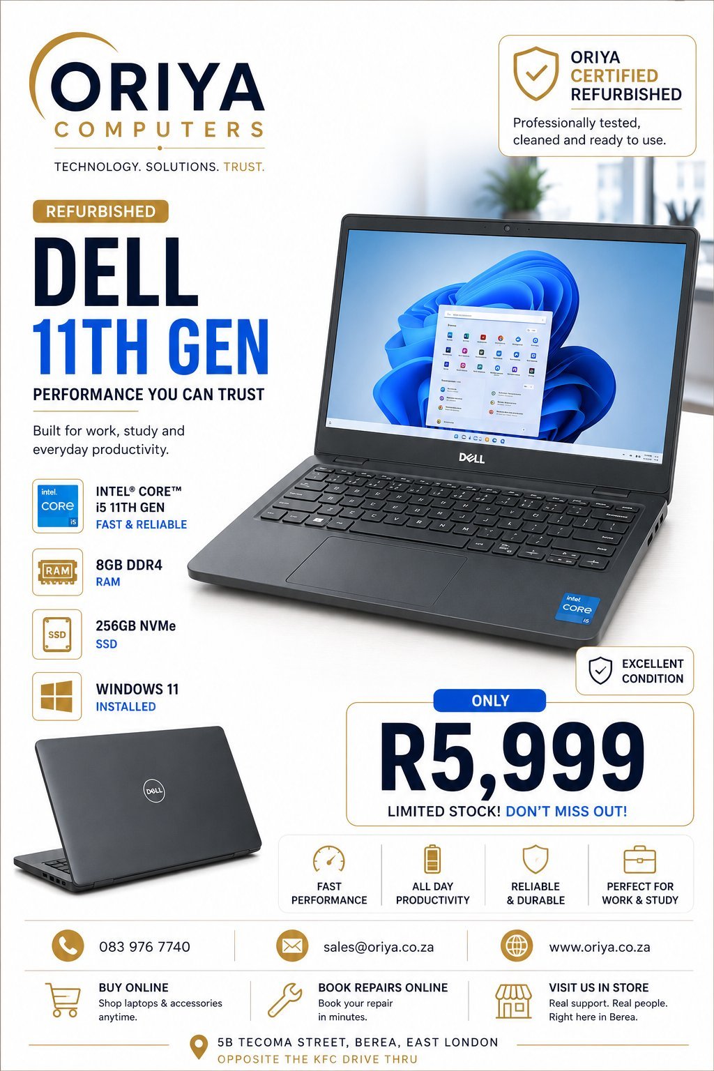 Refurbished Dell 11th Gen laptop featuring Intel Core i5, 8GB RAM, 256GB SSD, Windows 11 for R5,999